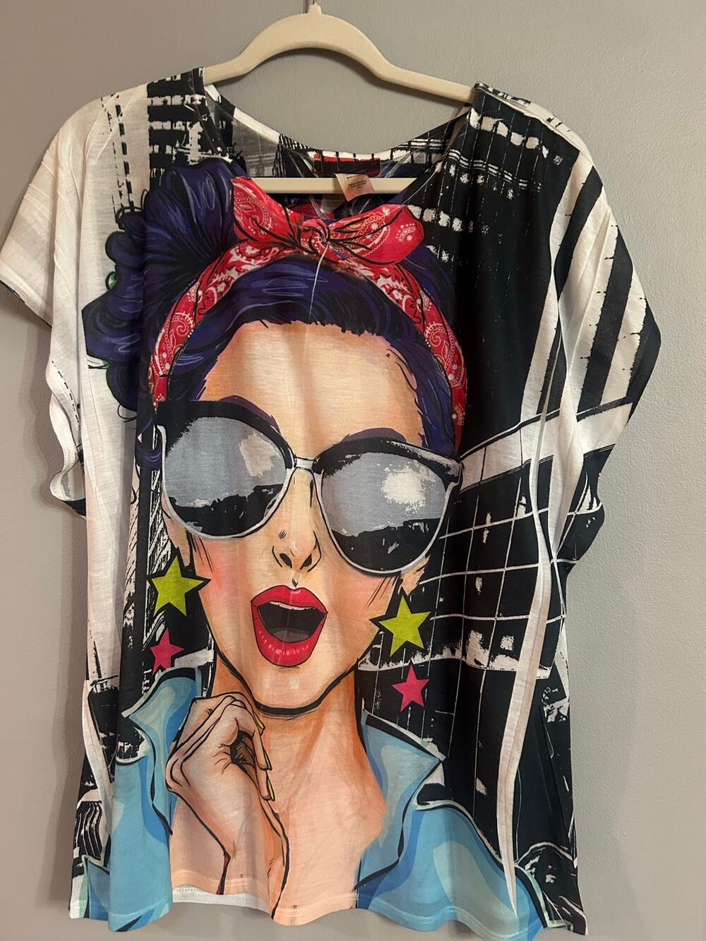 NWT Rainbow Pop Art Graphic Tee Shirt Womens XXL 90s Pinup Rockabilly comic book